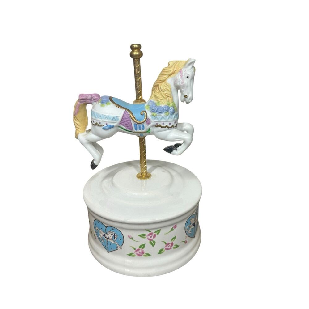Vtg Carousel Horse Porcelain Wind Up Music Box White Pink Flowers Grandmacore 6"